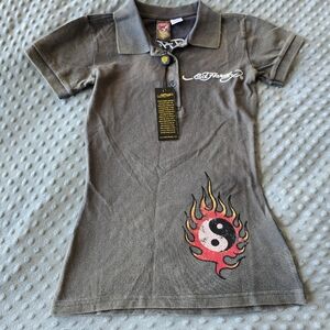 NWT Ed Hardy Gray Polo Embroidered & Rhinestone Details Size S